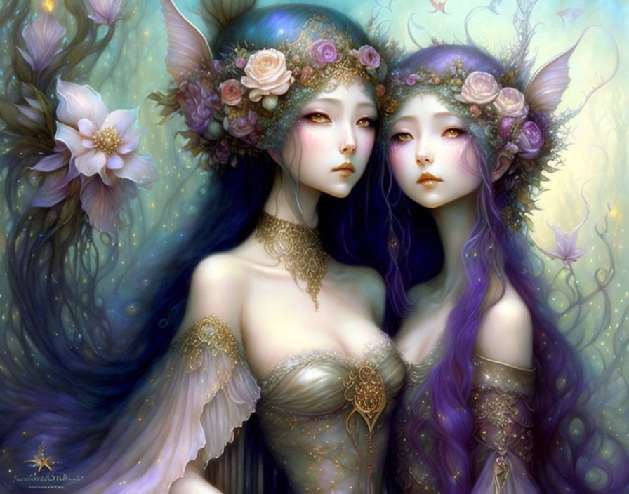 Ethereal figures with purple hair and angelic wings in dreamy setting