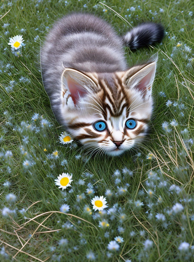 Striped kitten with blue eyes in grass and daisies