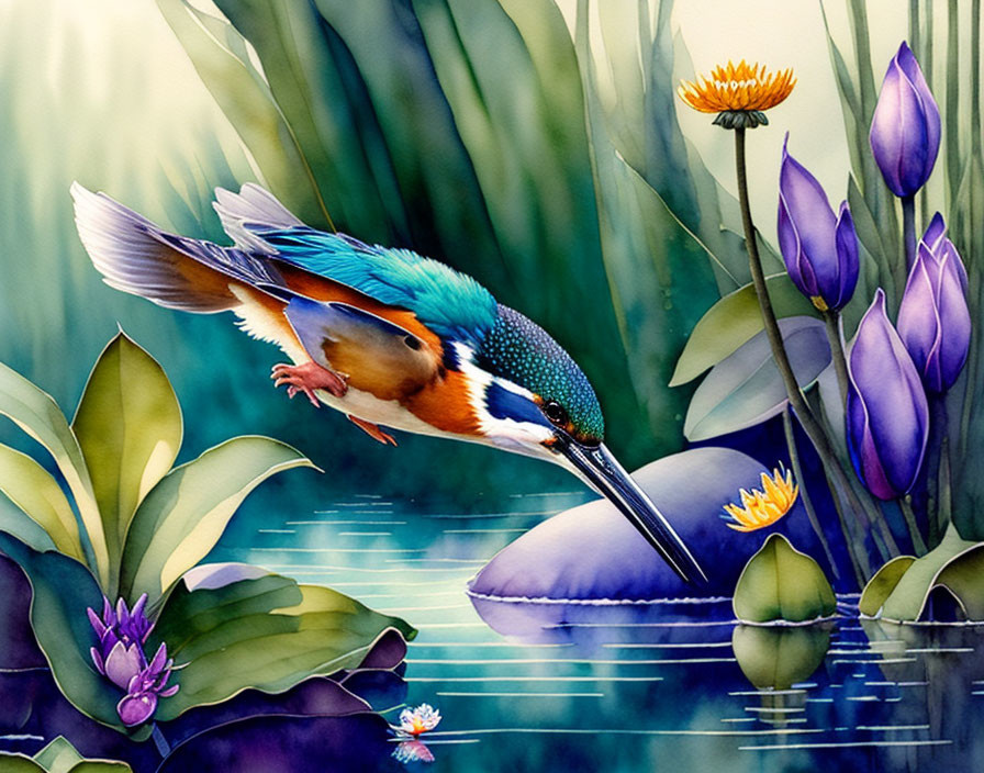 Colorful watercolor painting: kingfisher diving in pond with greenery & flowers