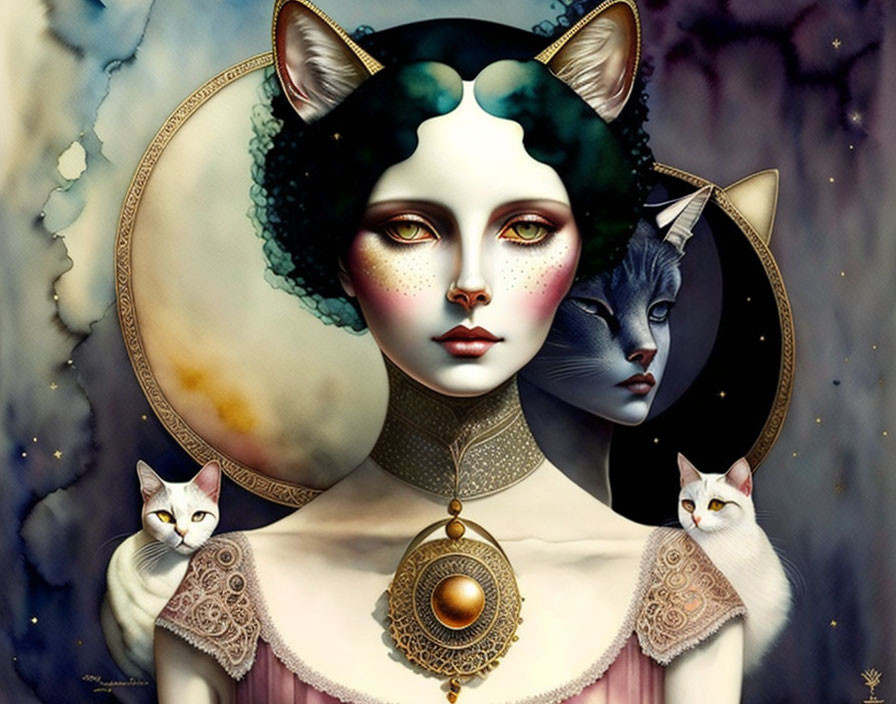 Surreal Artwork: Woman with Cat-Like Features and Cats