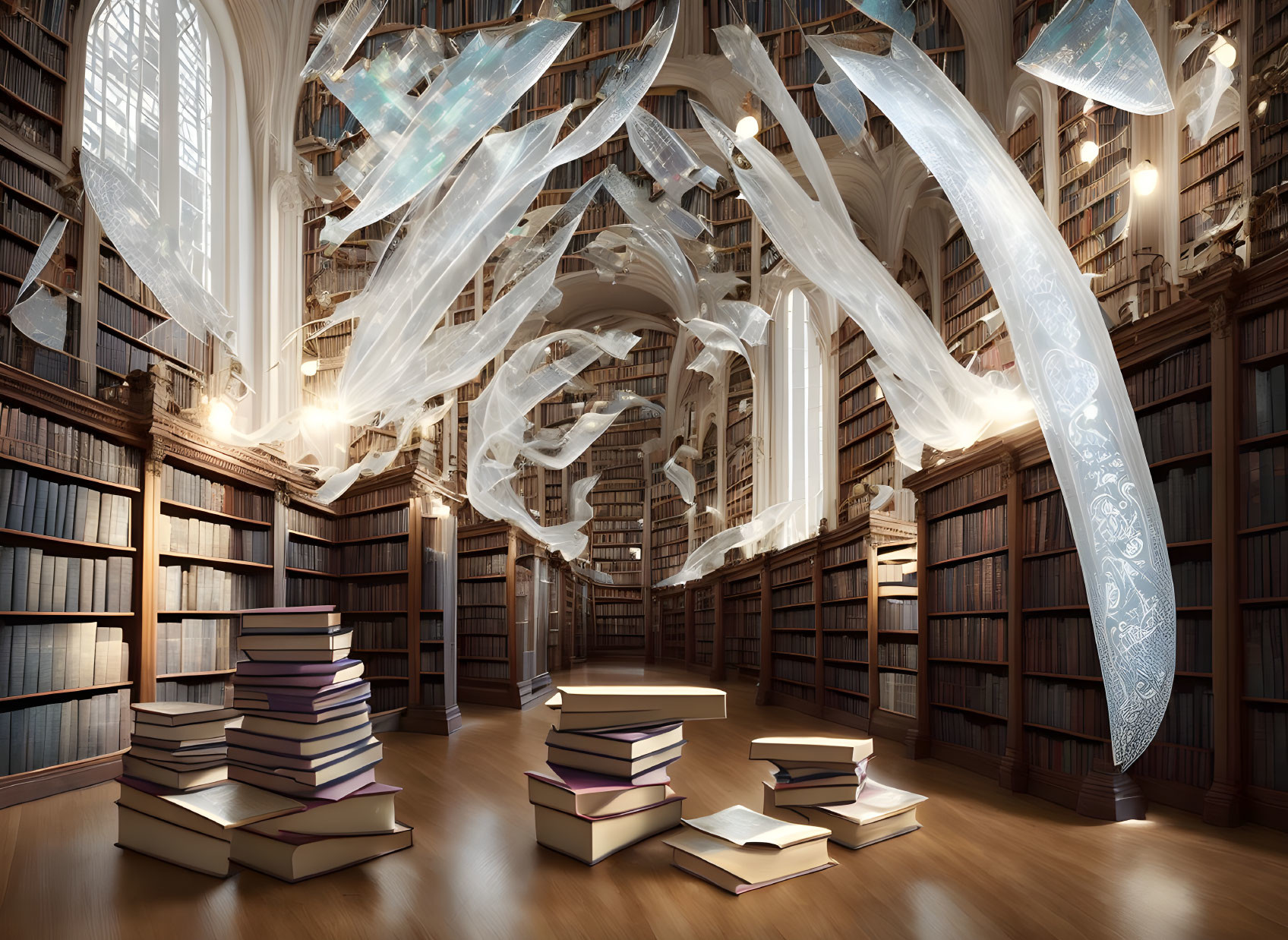 Grand library with towering bookshelves and ethereal whale-like figures among sheer drapery