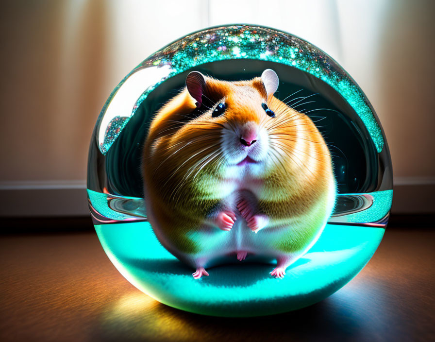 Chubby hamster in glass sphere with turquoise edges on wooden surface