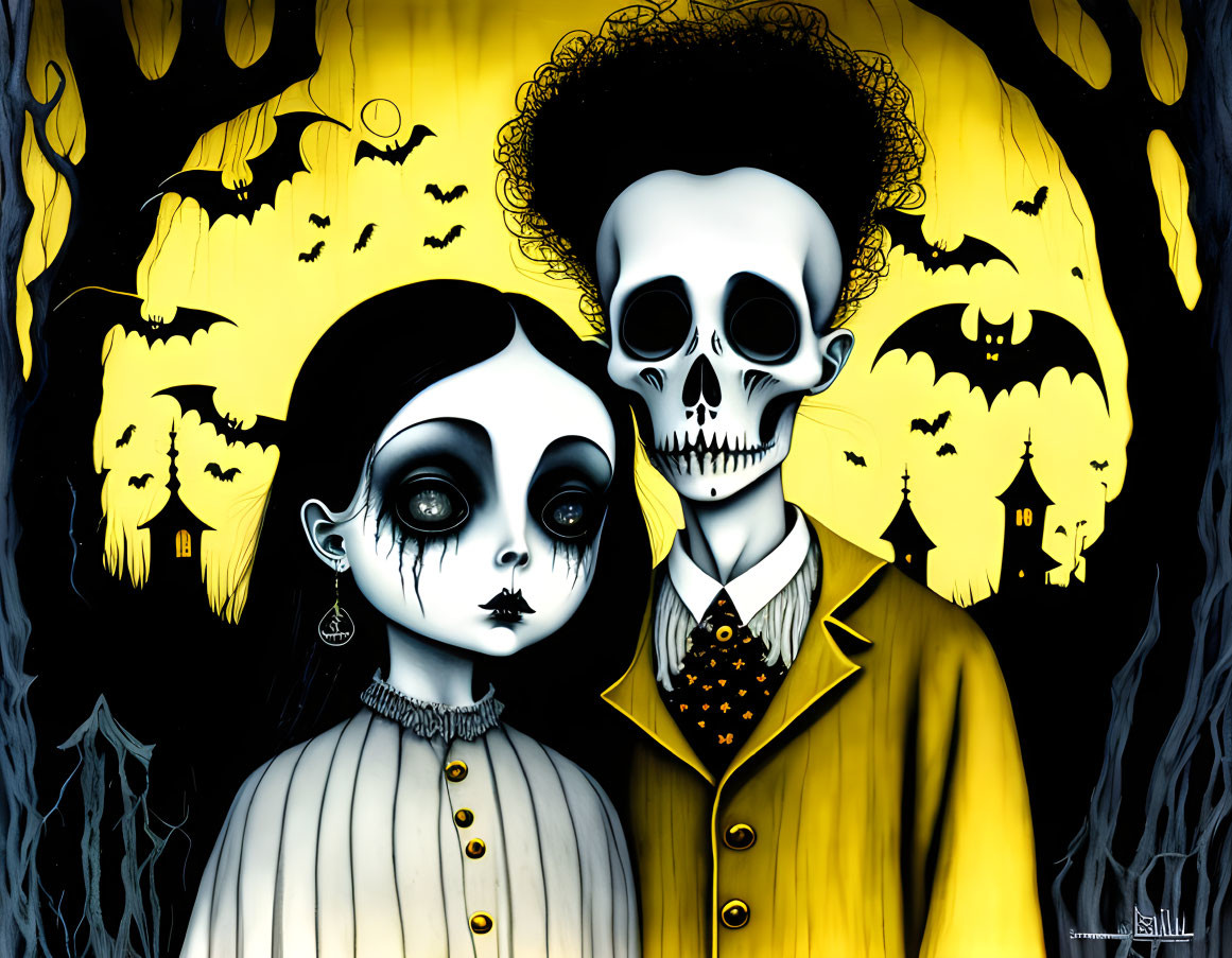 Stylized skull-faced characters in vintage attire with bats and haunted houses.