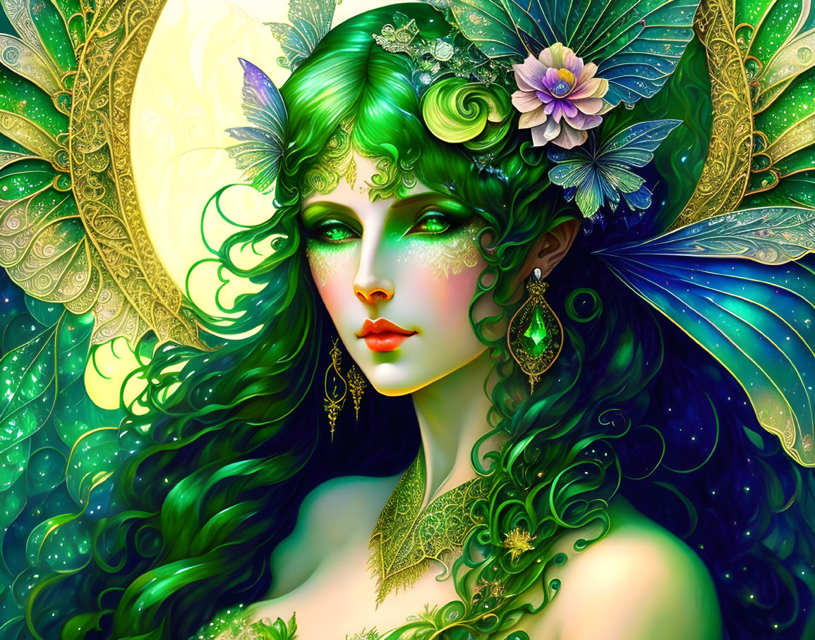 Colorful digital artwork: Woman with green hair, butterfly wings, gold jewelry, floral details.