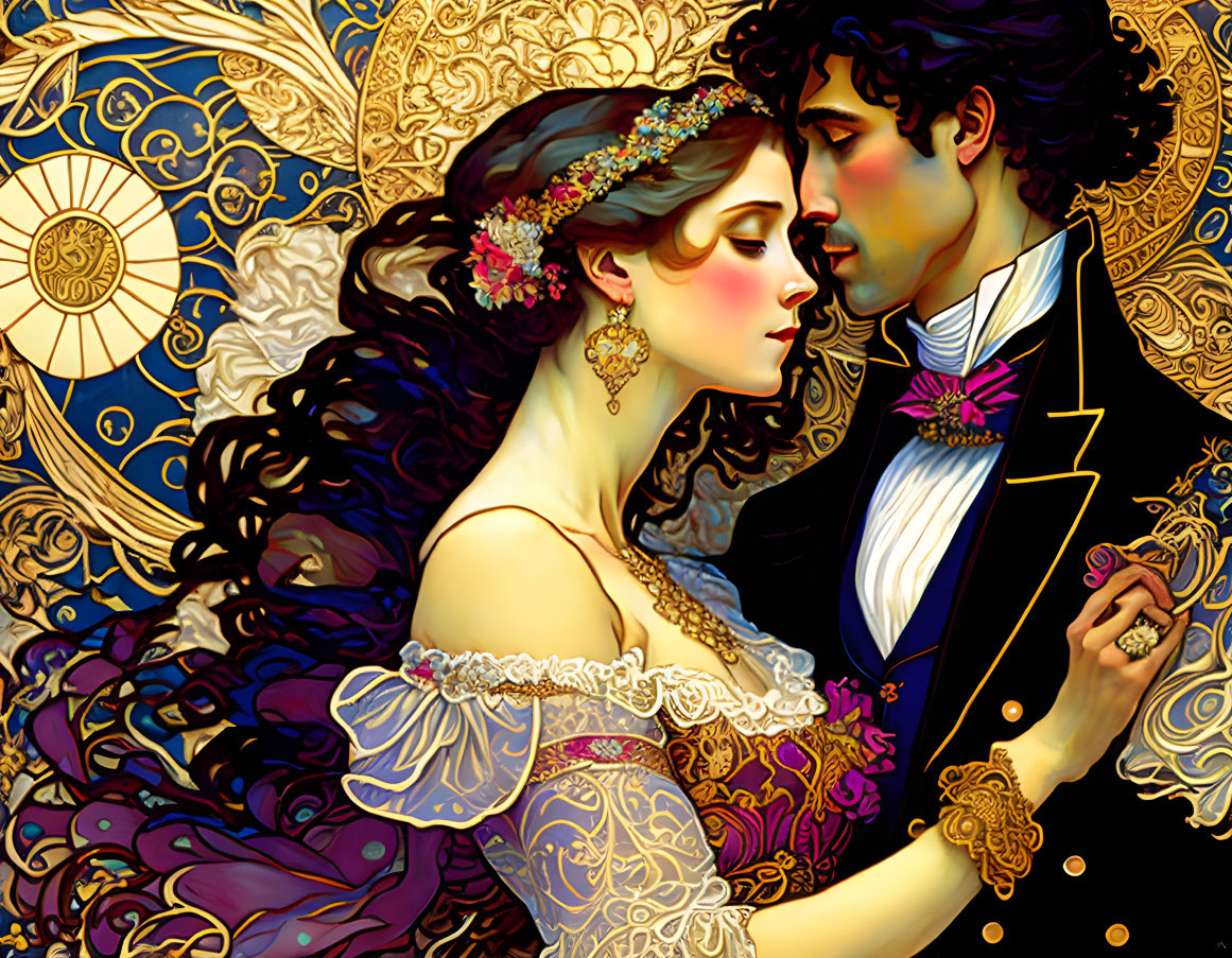 Illustrated couple in fancy attire amidst Art Nouveau patterns