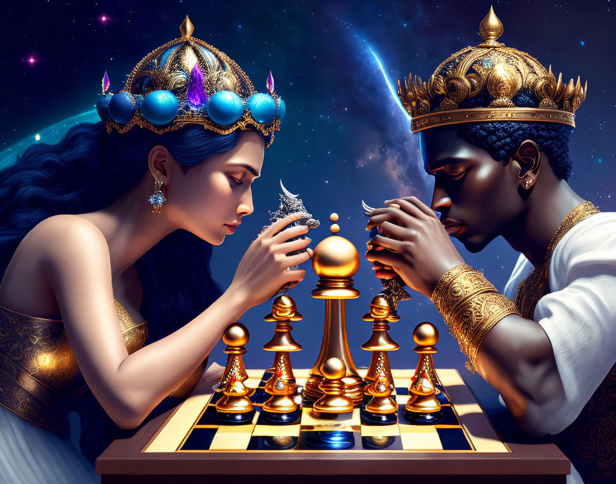 Royal couple playing chess in cosmic setting