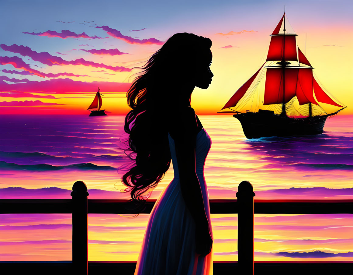 Woman's silhouette at railing watching colorful sunset over sea with sailboats