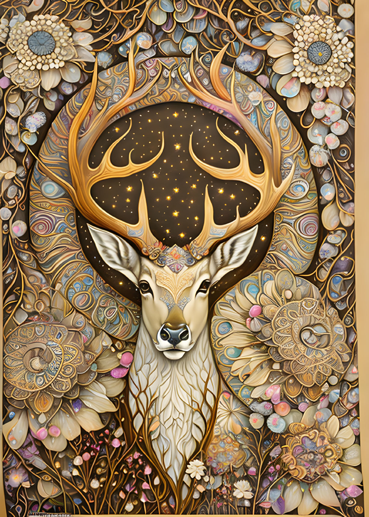 Stag with ornate antlers in floral and starry backdrop