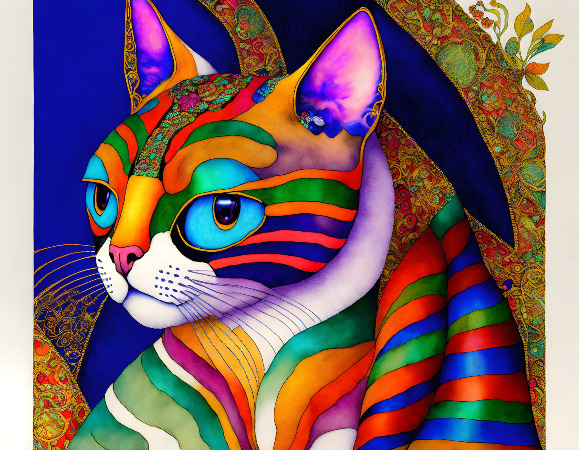 Colorful Rainbow Striped Cat with Blue Eyes and Floral Background