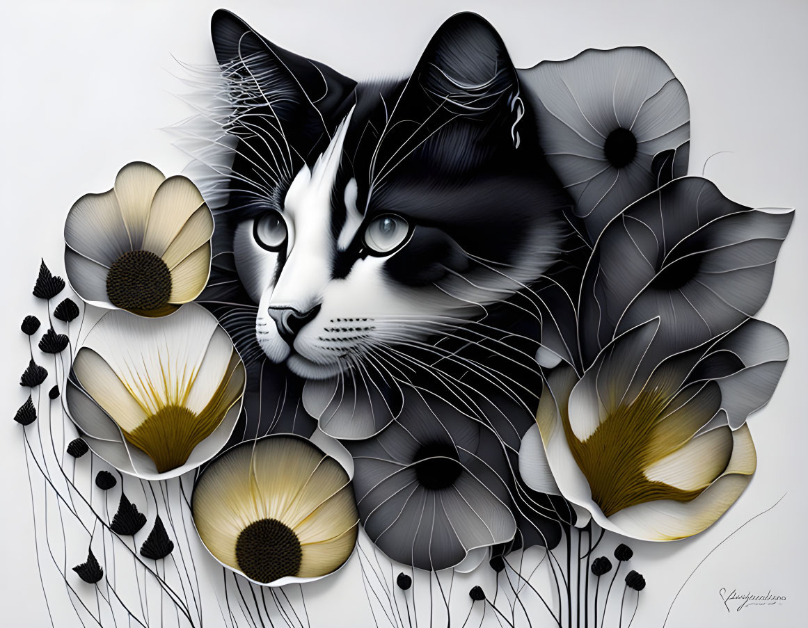 Black and White Cat Among Stylized Flowers in Monochromatic Palette