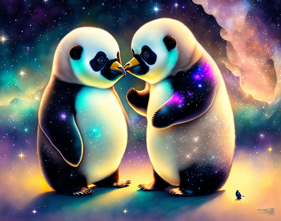 Stylized penguins under starry sky with celestial bodies and colors