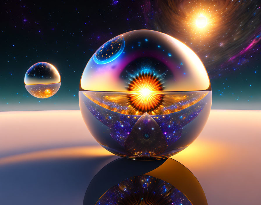 Surreal image: Reflective spheres in cosmic twilight