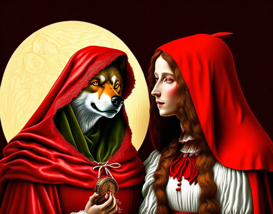 Digital artwork of humanized wolf with woman in red cape and golden halo.