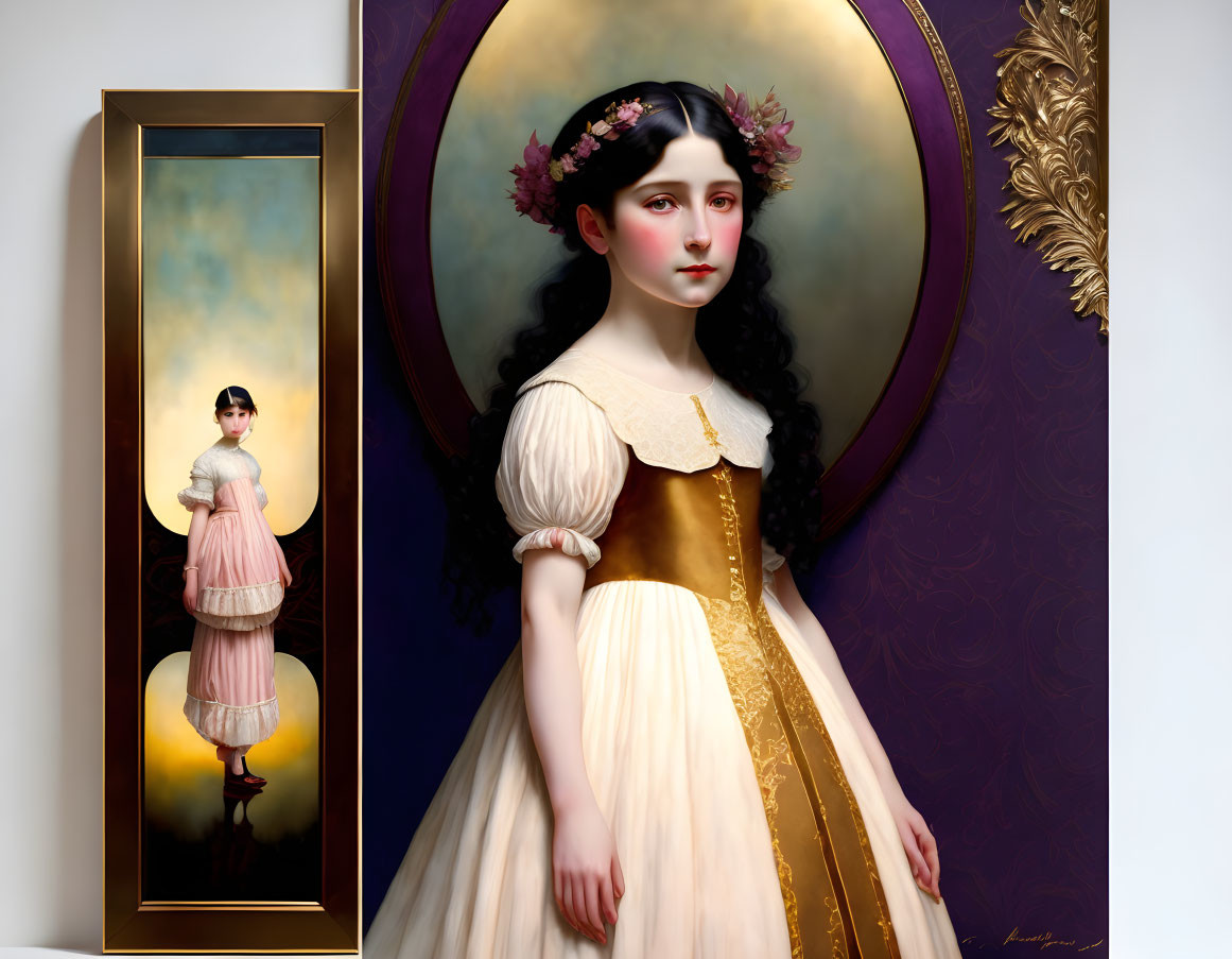 Two paintings of women in yellow and pink gowns with flower crown and lantern, framed ornately