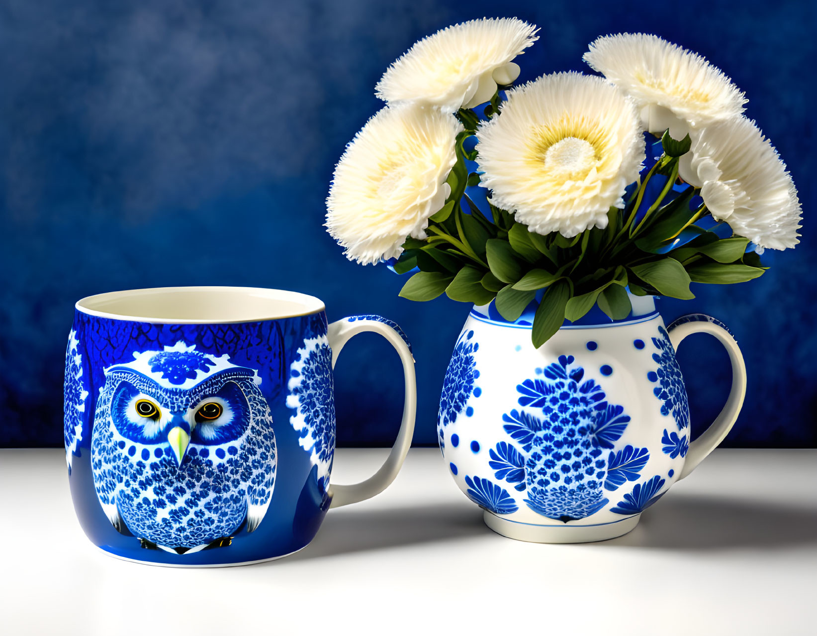 Blue and White Owl Mug with Matching Vase and Flowers on Textured Background