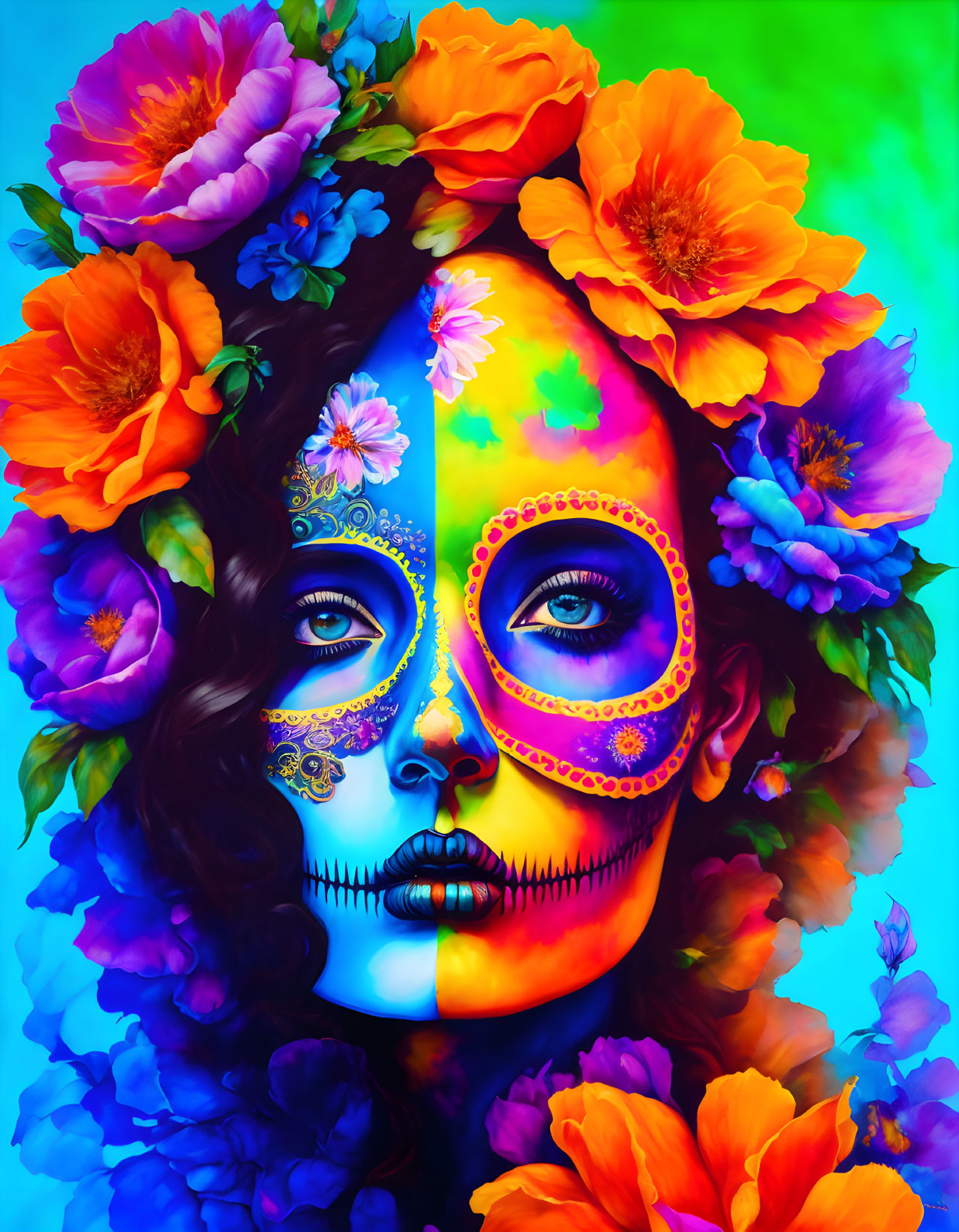 Vibrant woman with painted skull face among colorful flowers on gradient backdrop