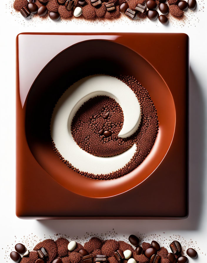 Chocolate Spiral Pattern on Brown Plate: Artistic Arrangement of Various Chocolate Pieces and Shavings with Gradient