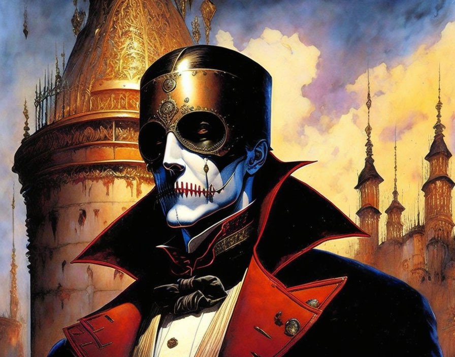 Skeletal figure in red and black cape with mask against palace and cloudy sky