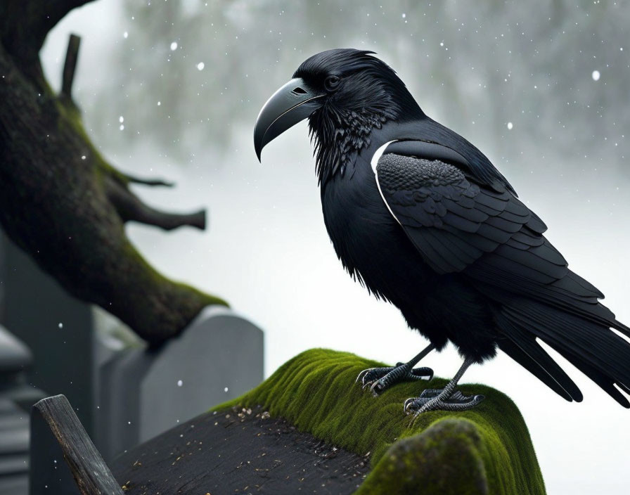 Black raven on mossy surface with falling snowflakes in misty background