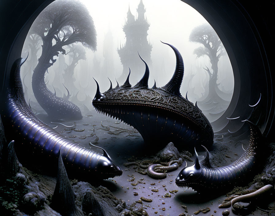 Serpentine creatures and ornate architecture in misty sci-fi landscape