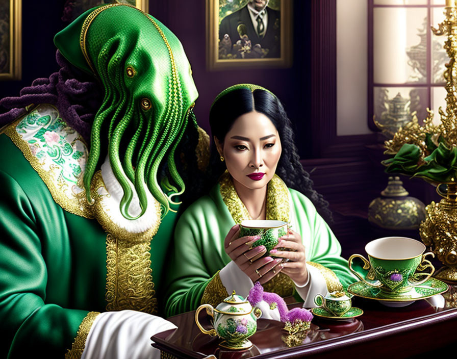 Traditional Attire Woman and Humanoid Octopus Tea Party Scene