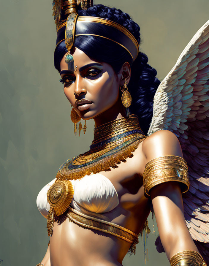 Regal woman with dark hair in Egyptian attire and white wings