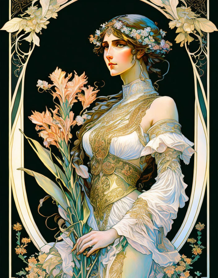 Art Nouveau Woman with Flowers and Lily Illustration