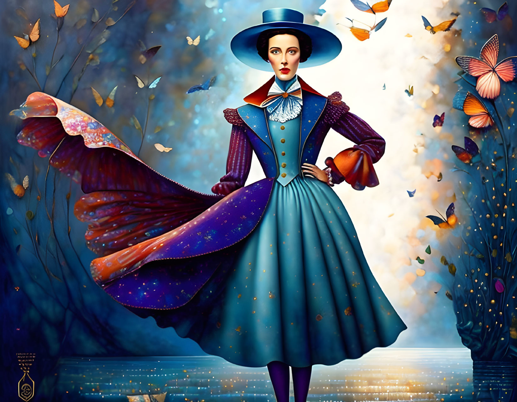 Stylized cosmic-themed woman with butterflies on blue background