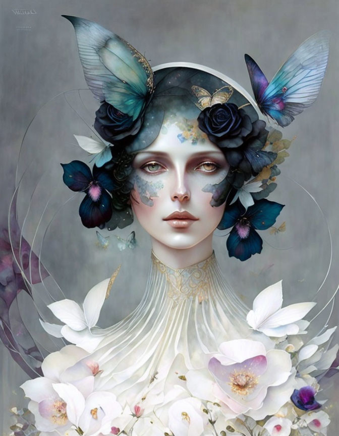 Surreal portrait of woman with butterfly wings, floral elements, and fantasy makeup