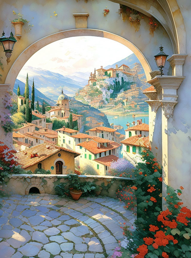 Sunlit terraced village view through arched gateway surrounded by greenery.