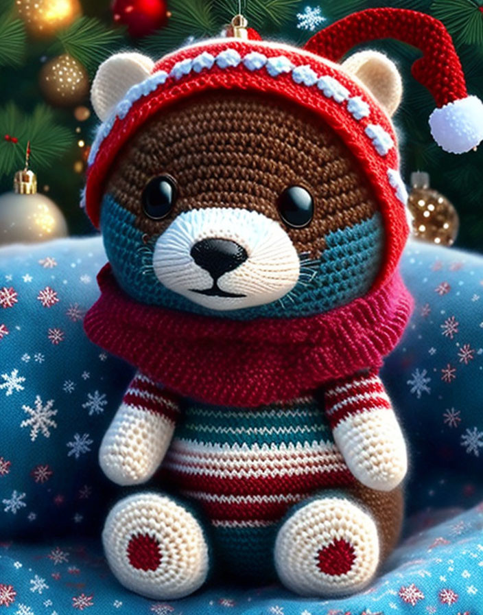 Knitted bear with striped hat and scarf in festive Christmas setting