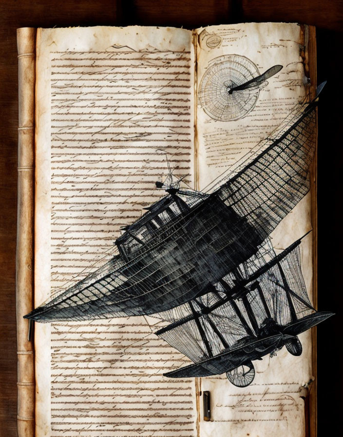 Vintage Flying Machine Sketch on Aged Journal with Text and Diagrams