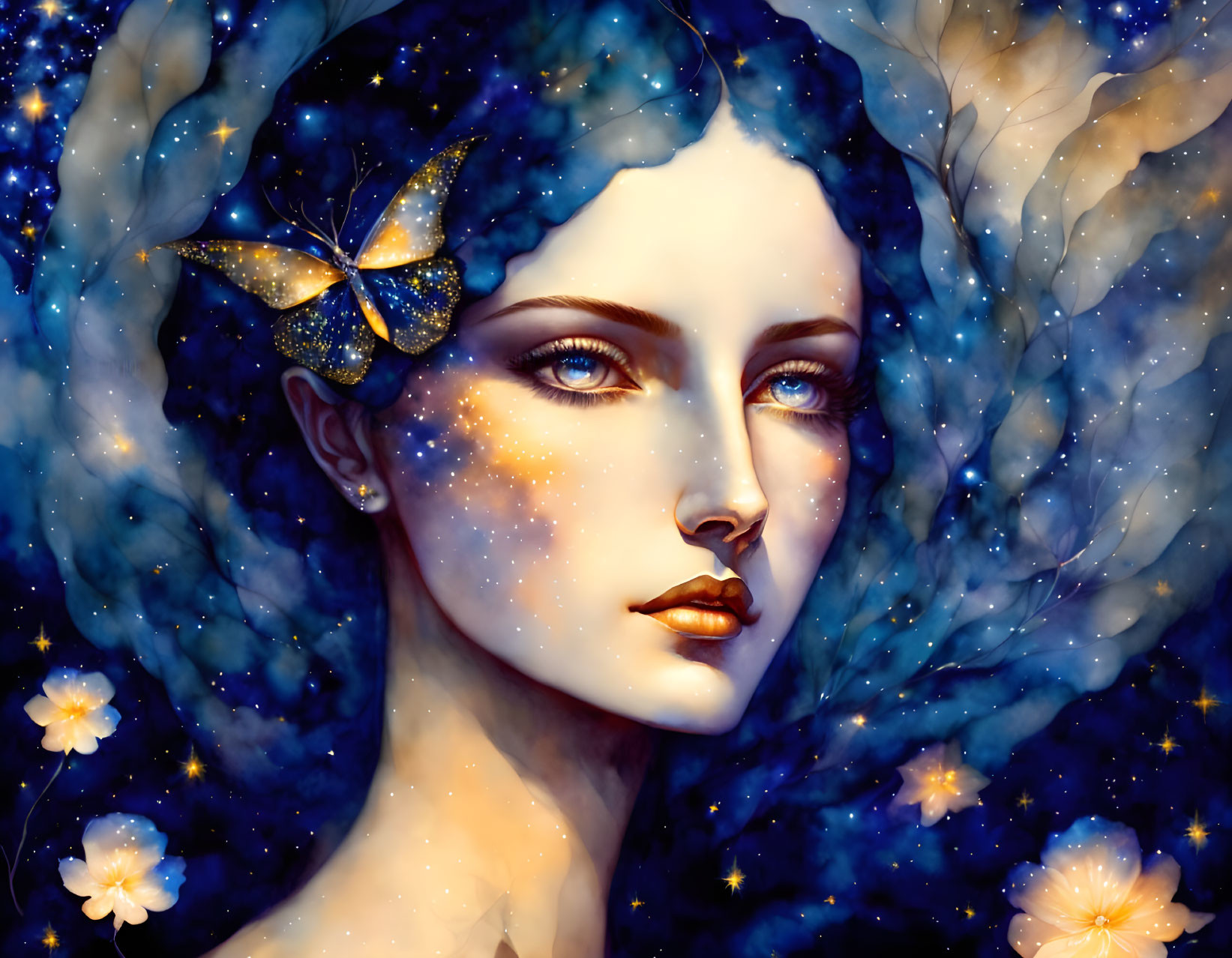 Blue-skinned woman surrounded by stars and flowers with a golden butterfly