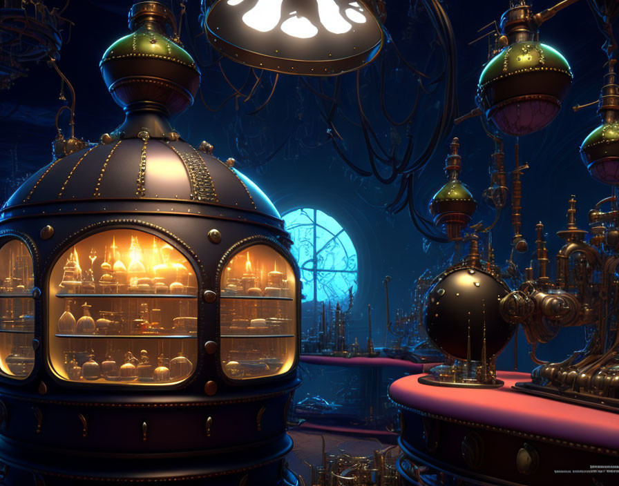 Steampunk laboratory with brass domes, glowing orbs, and arched window