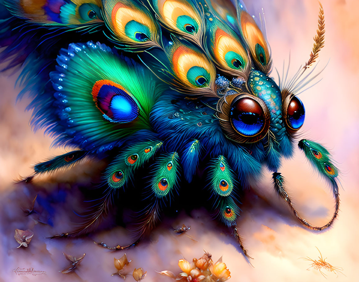 Colorful fantastical creature with peacock feather wings and expressive eyes in nature.