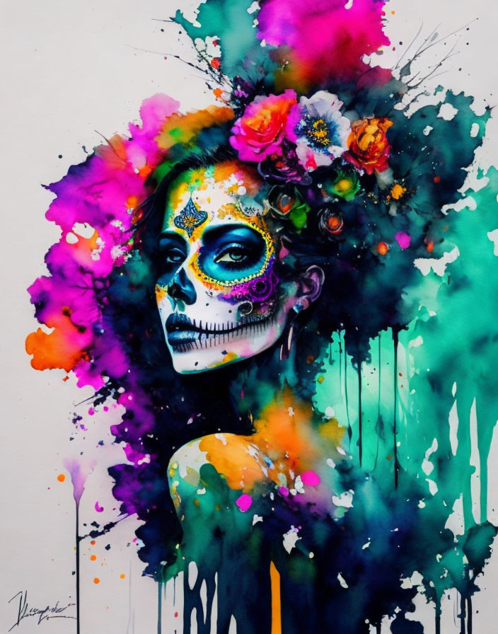 Vibrant watercolor painting: person with skull face paint and floral hair in abstract style