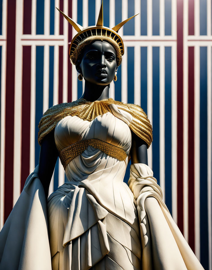 Stylized woman statue in gold and white dress on red and blue background