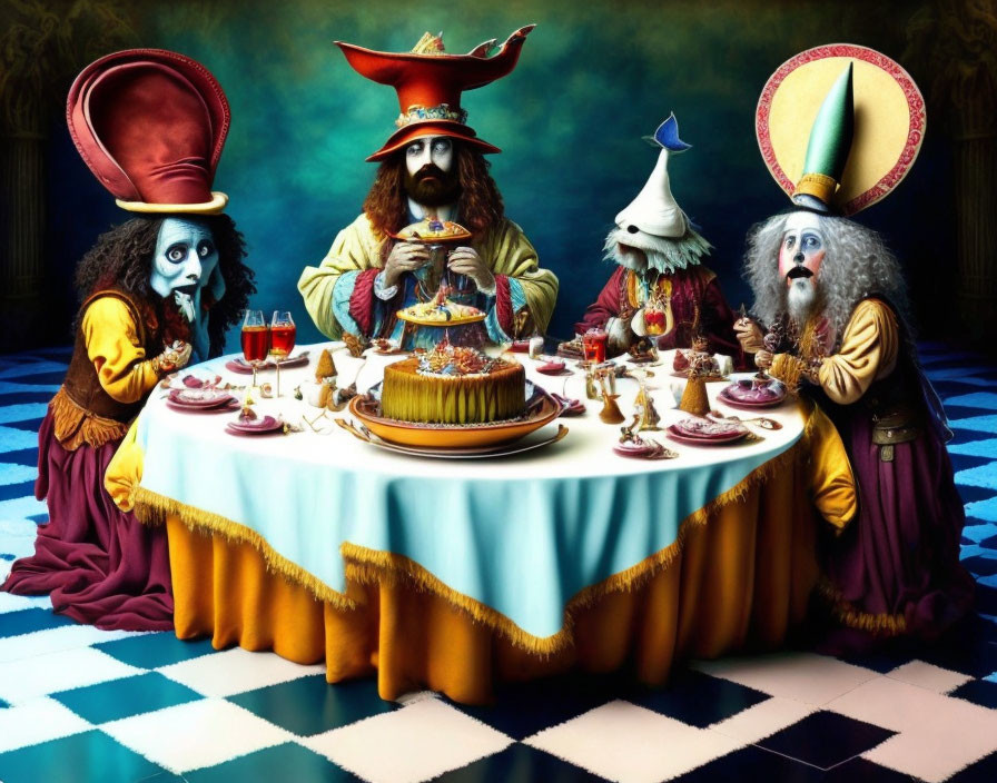 Four individuals in elaborate costumes at feast table in checkerboard floor room