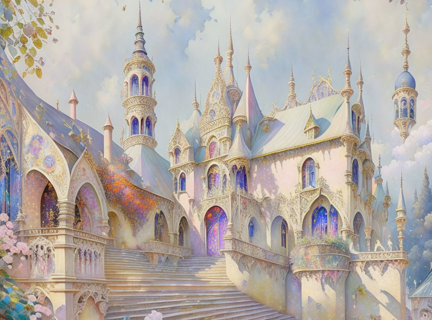 Pastel-colored castle with ornate spires and blooming flora