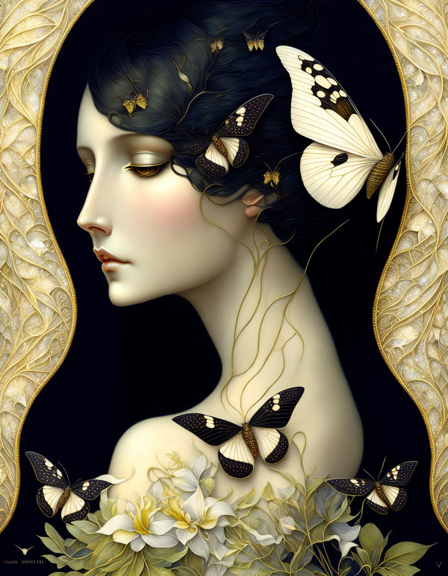 Illustrated woman with butterflies and flowers in Art Nouveau style