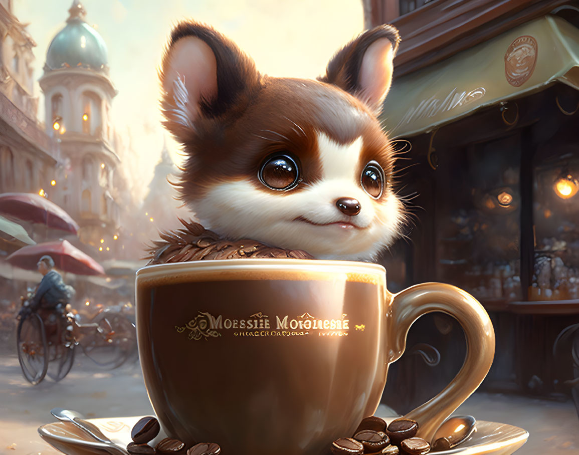 Anthropomorphic chihuahua in coffee cup with beans, European street backdrop