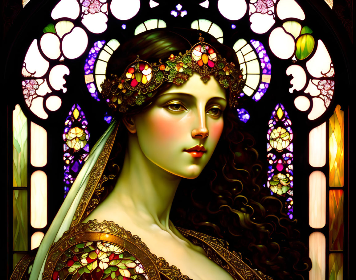 Elaborately adorned woman with dark hair and decorative headdress in stained-glass style