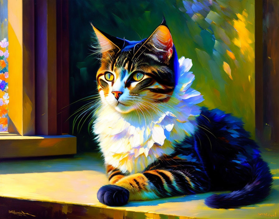 Colorful cat painting by window with vibrant garden scene