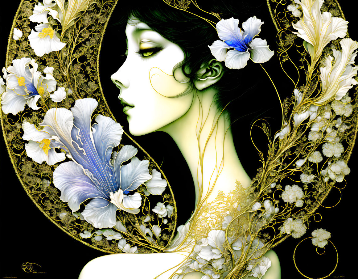 Stylized illustration of woman with pale green skin and intricate floral patterns