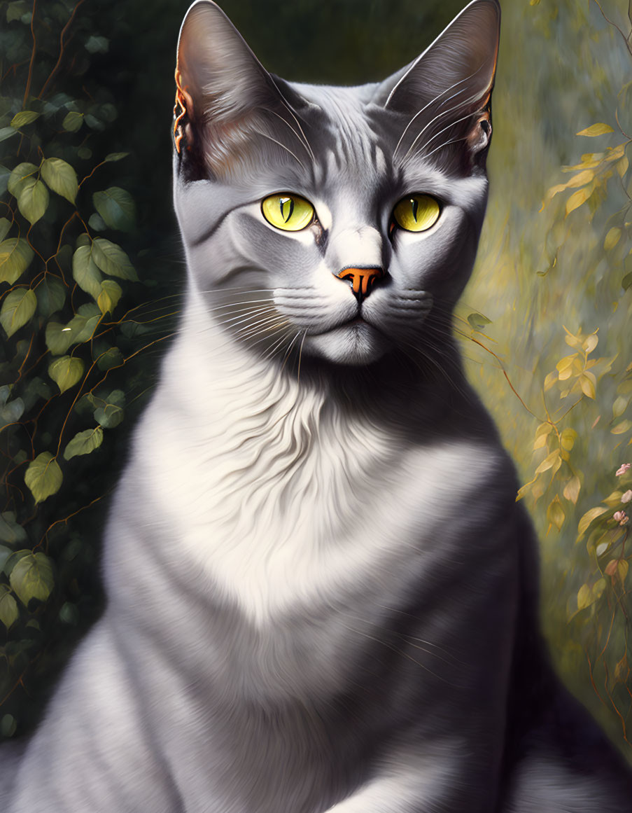 Grey Cat with Yellow Eyes and Prominent Ears in Foliage Setting