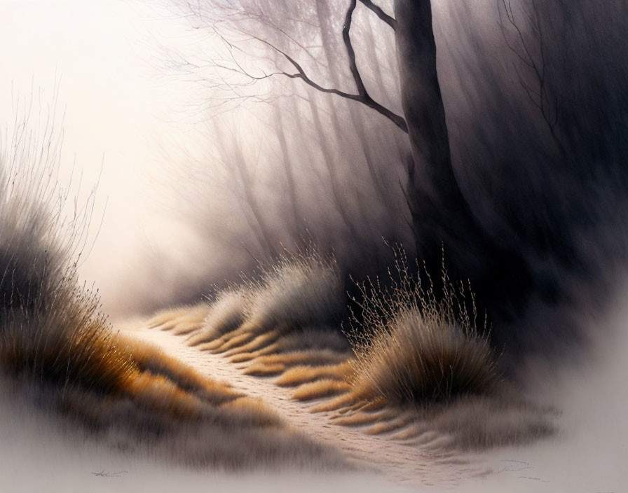 Soft-focus mystical forest with sandy path and dreamlike haze