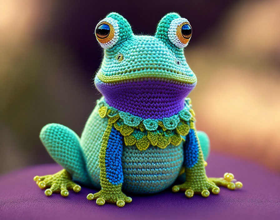 Colorful Crocheted Frog Doll with Large Eyes on Purple Surface