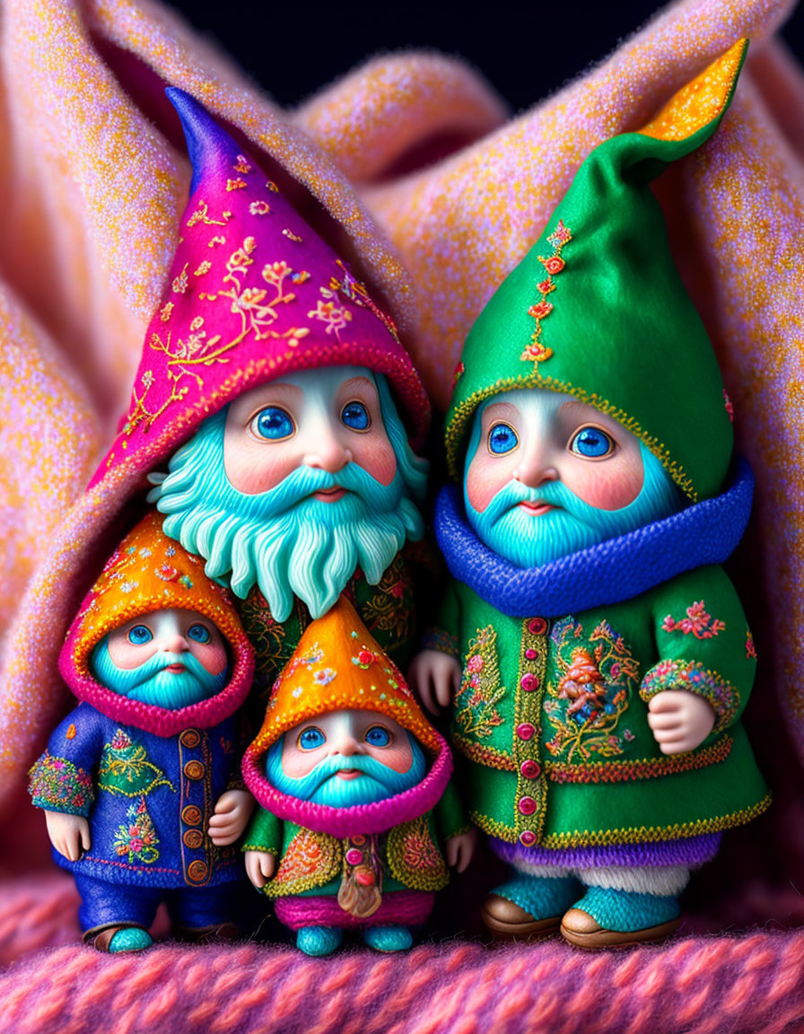 Colorful whimsical gnome figurines with intricate designs on clothing against textured backdrop