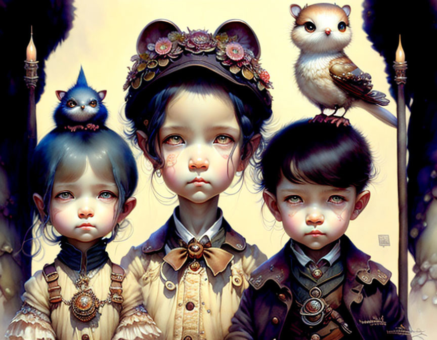 Vintage-style portrait of three children with owls in somber attire and moody setting.