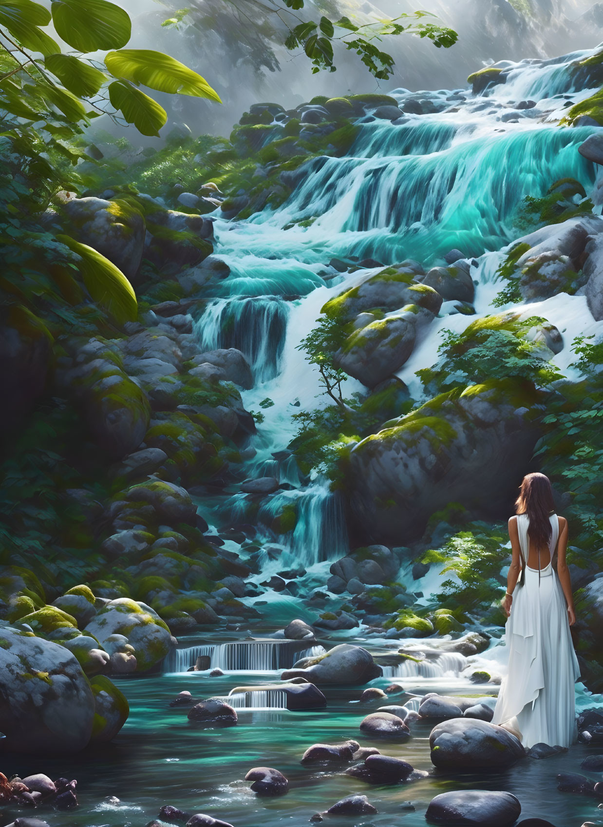 Woman in White Dress Observing Turquoise Waterfall in Lush Greenery